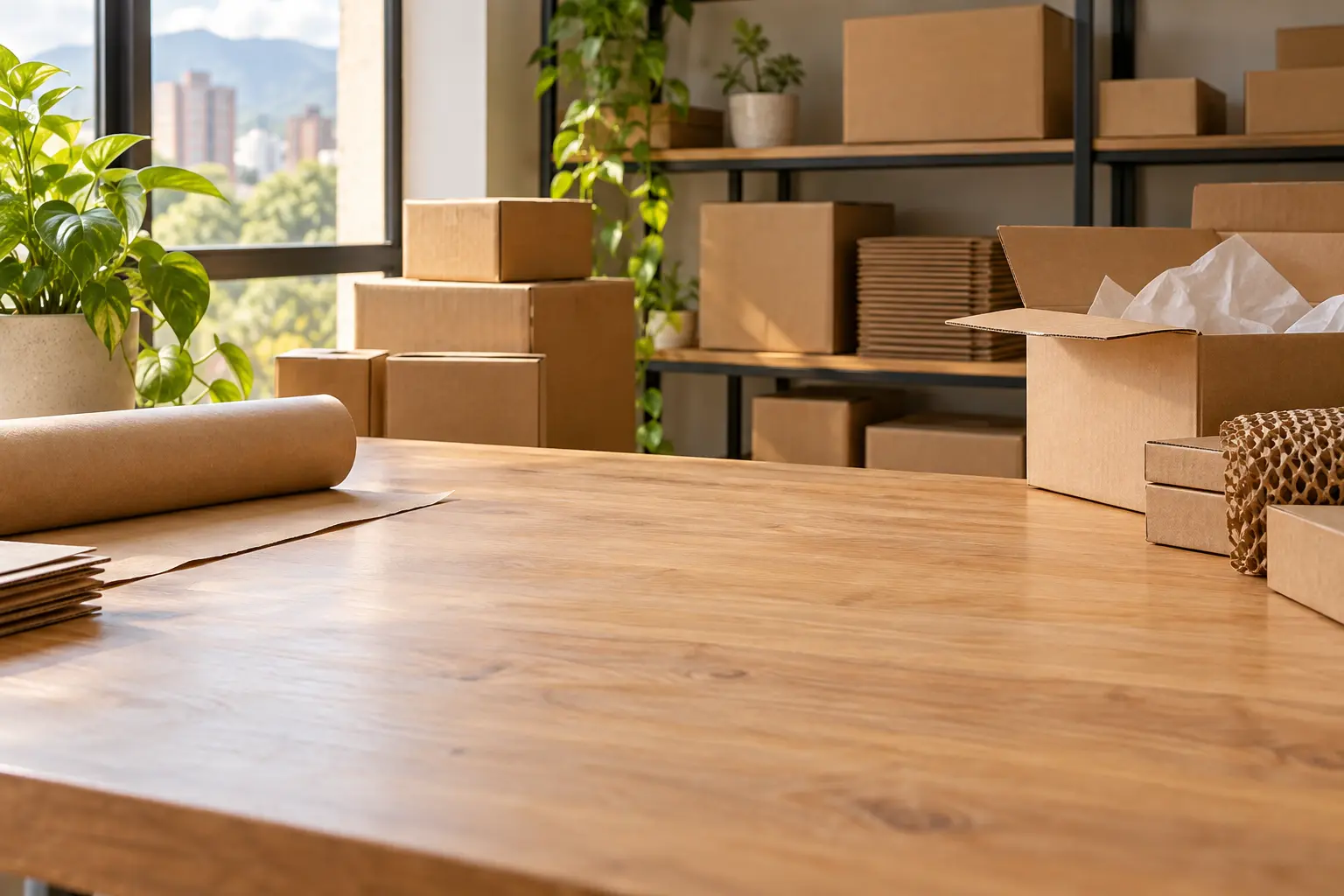 Mesa de preparación de pedidos con cajas para envíos