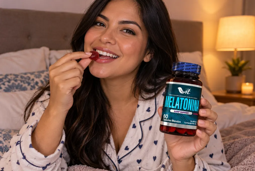 Mujer tomando gomitas de melatonina antes de dormir