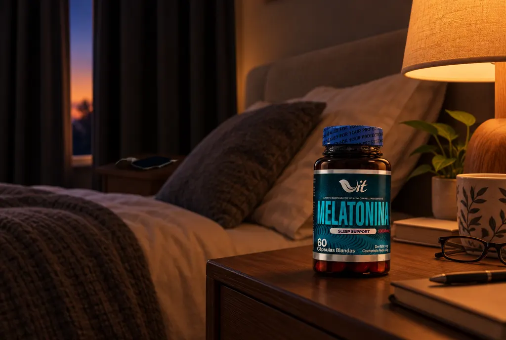 Habitación preparada para dormir con melatonina en la mesa de noche