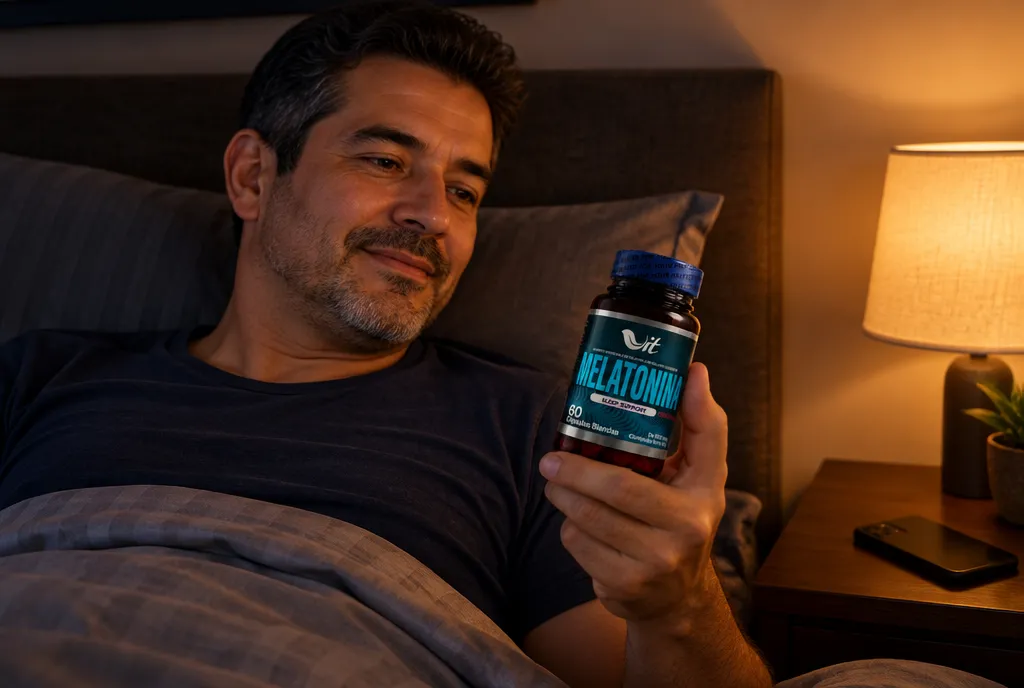 Hombre adulto con Melatonina Vit antes de dormir