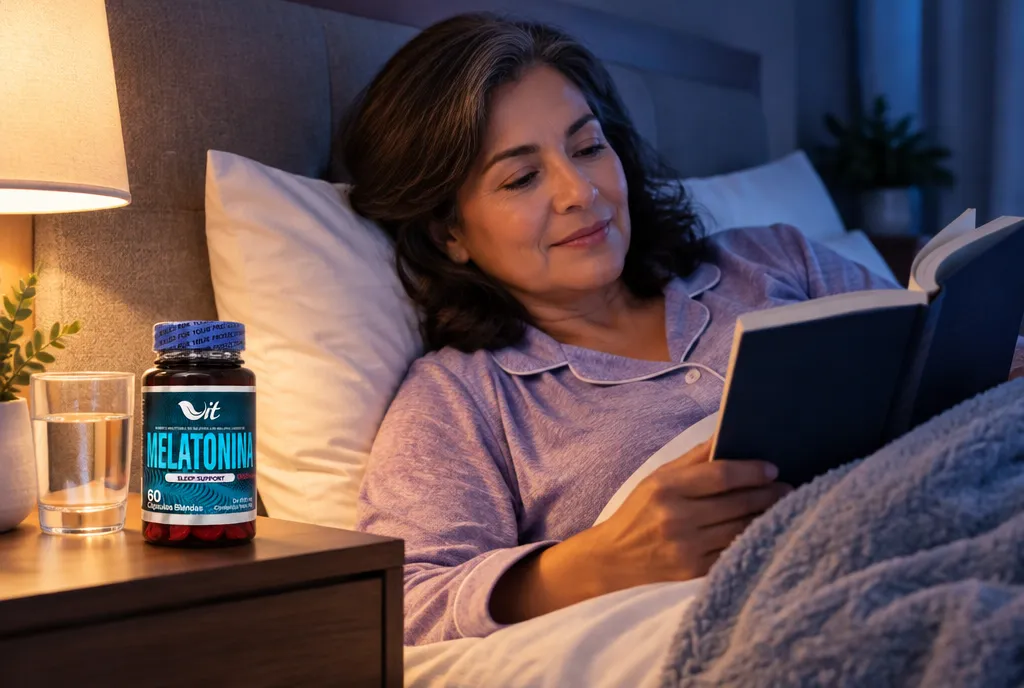Mujer adulta leyendo en la cama con melatonina en la mesa de noche