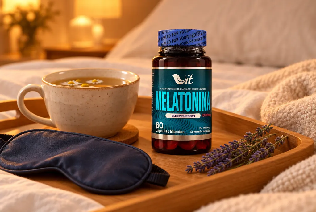 Rutina nocturna para dormir con melatonina, té y antifaz